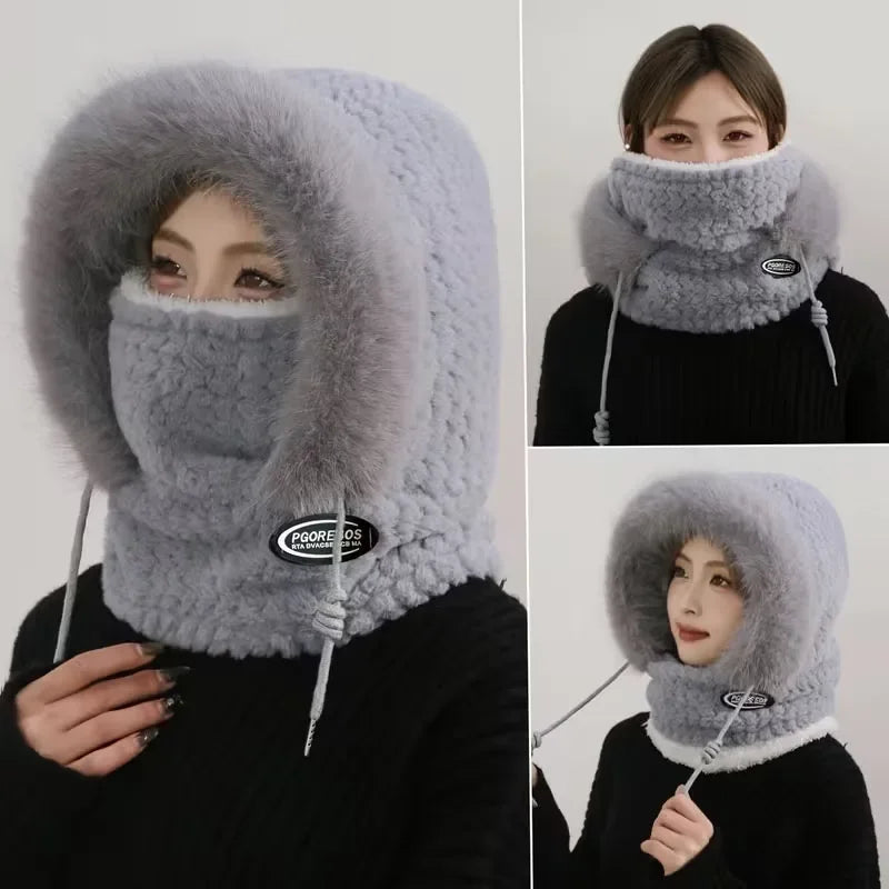 Bonnet Peluche Thermique Avec Écharpe Intégrée et Cache-Cou