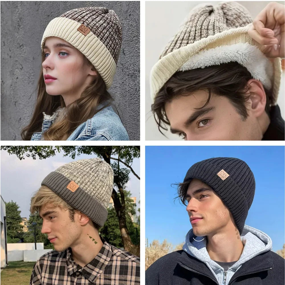 Bonnet Tricot Doublé Fourrure Bicolore Unisexe Chaud Hiver