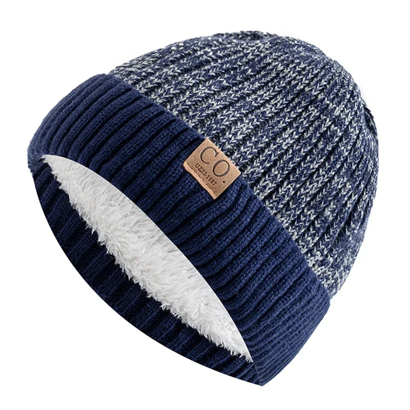 Bonnet Tricot Doublé Fourrure Bicolore Unisexe Chaud Hiver