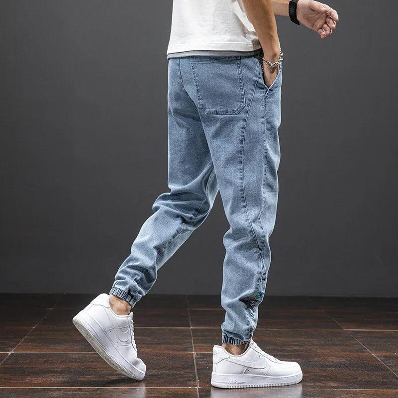 Jean Cargo Baggy Homme Taille Élastique Pantalon Sarouel Denim