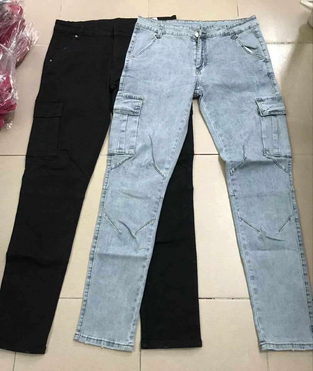 Jean Cargo Slim en Denim Élastique Taille Moyenne