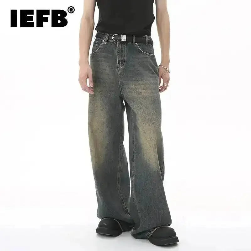 Jean Droit Décontracté Homme en Denim Coton Taille Mi-Haute Jambes Larges