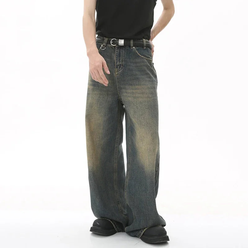 Jean Droit Décontracté Homme en Denim Coton Taille Mi-Haute Jambes Larges