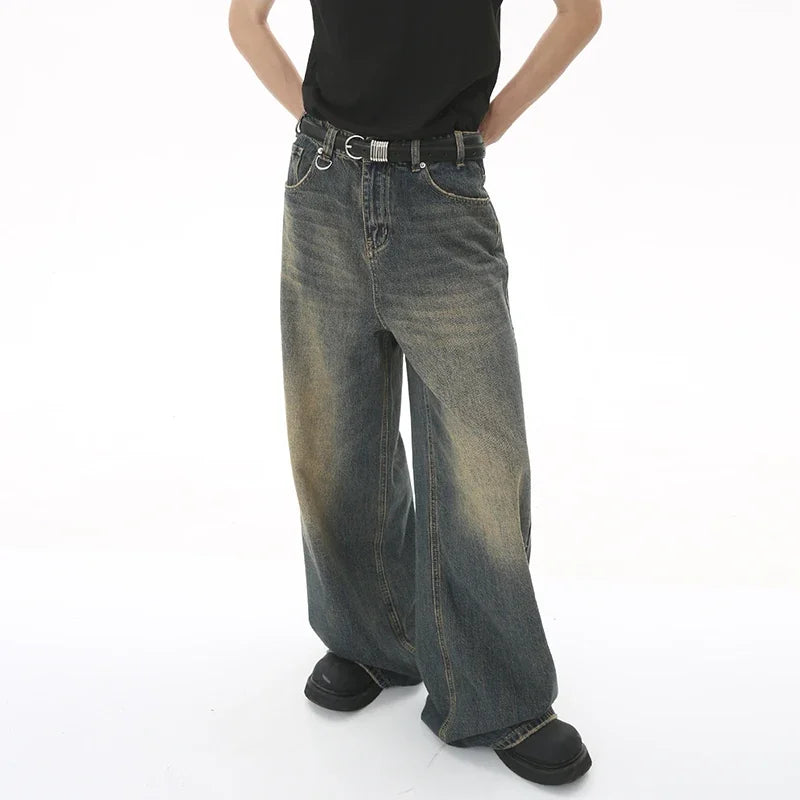 Jean Droit Décontracté Homme en Denim Coton Taille Mi-Haute Jambes Larges