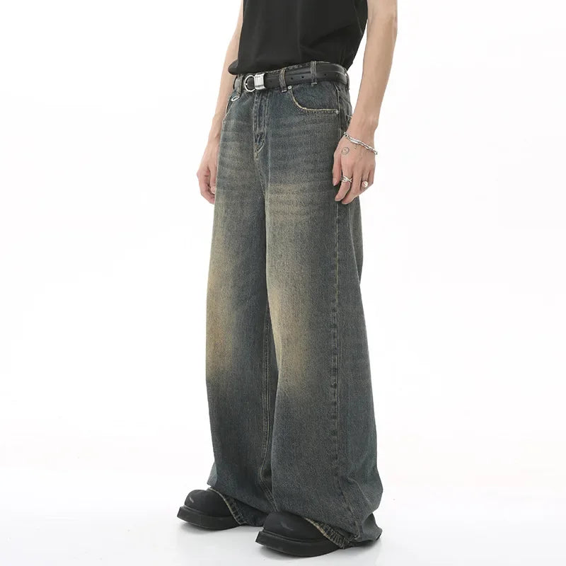 Jean Droit Décontracté Homme en Denim Coton Taille Mi-Haute Jambes Larges
