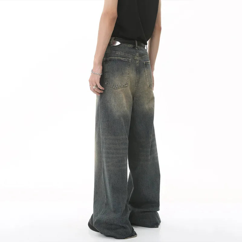 Jean Droit Décontracté Homme en Denim Coton Taille Mi-Haute Jambes Larges