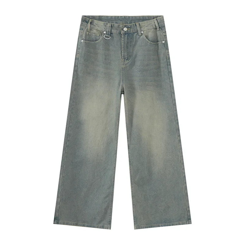 Jean Droit Décontracté Homme en Denim Coton Taille Mi-Haute Jambes Larges
