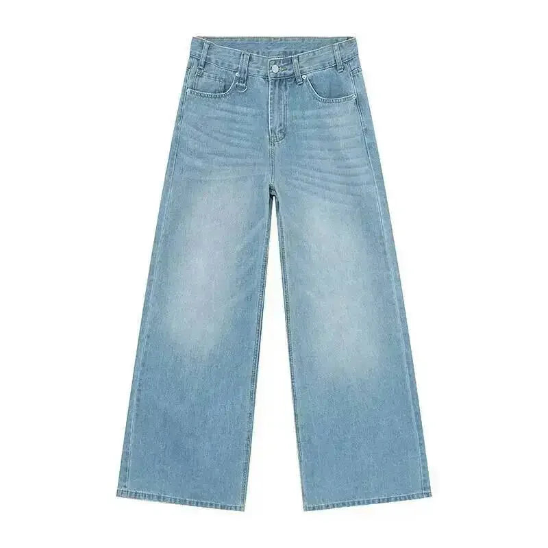Jean Droit Décontracté Homme en Denim Coton Taille Mi-Haute Jambes Larges