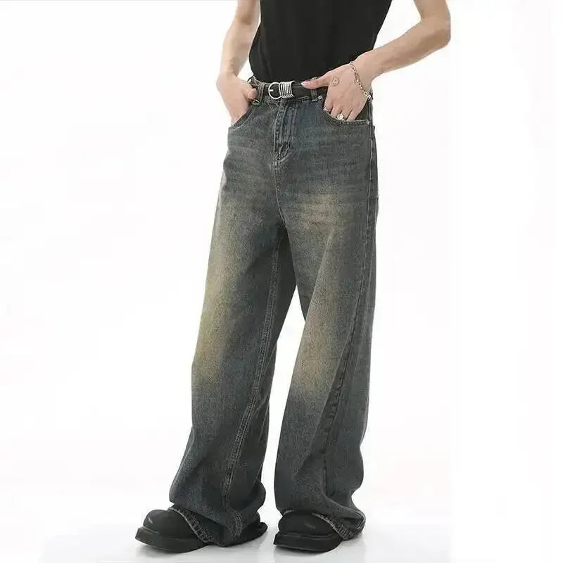 Jean Droit Décontracté Homme en Denim Coton Taille Mi-Haute Jambes Larges
