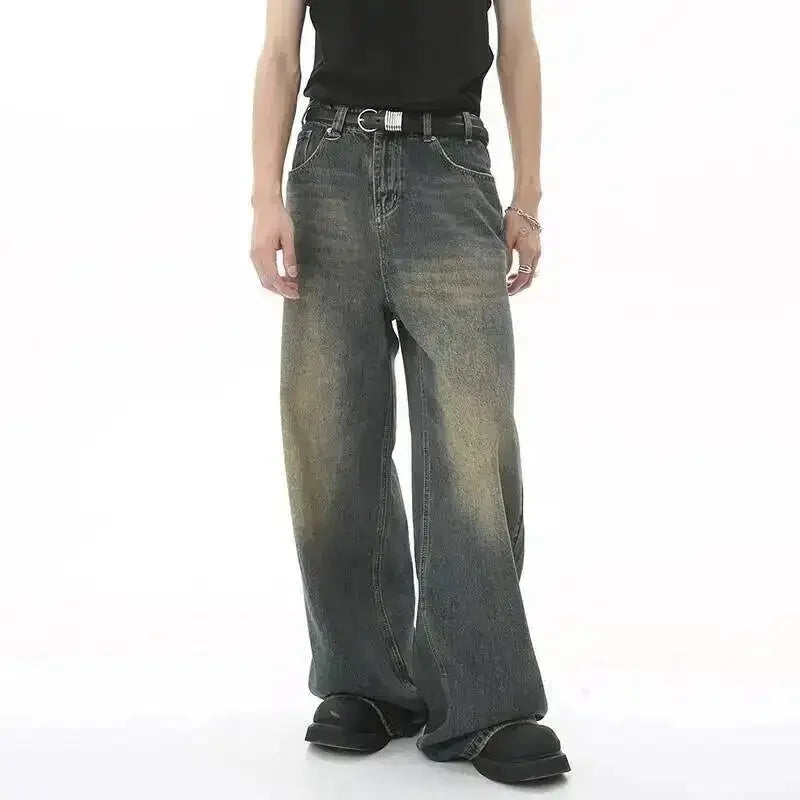 Jean Droit Décontracté Homme en Denim Coton Taille Mi-Haute Jambes Larges
