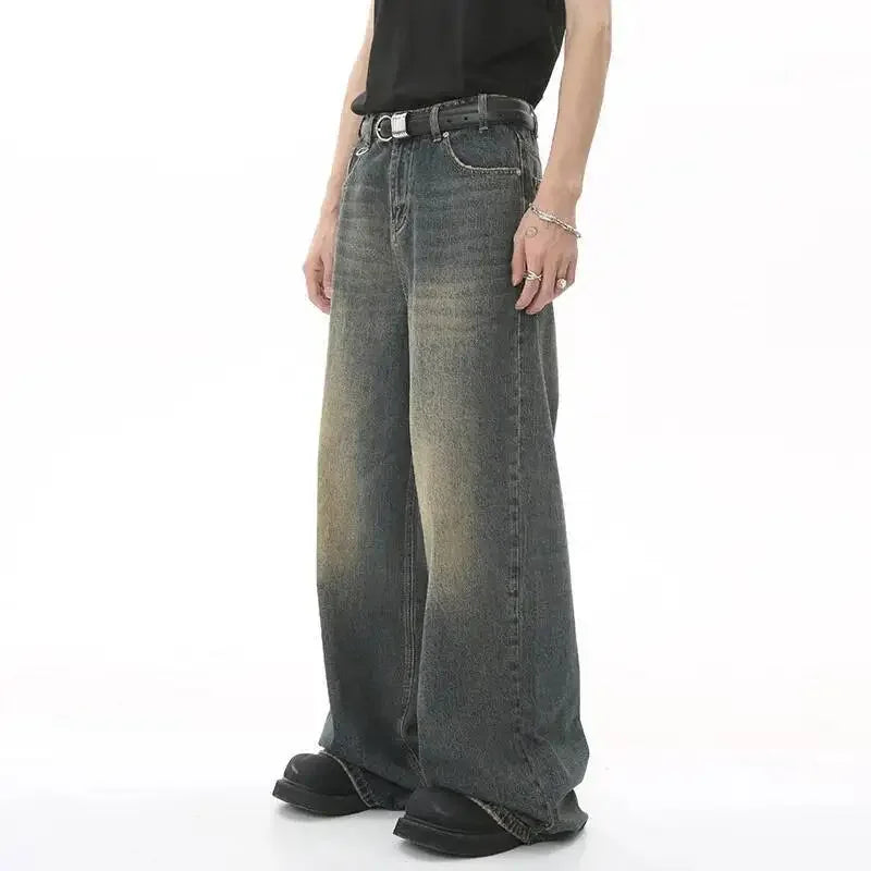 Jean Droit Décontracté Homme en Denim Coton Taille Mi-Haute Jambes Larges