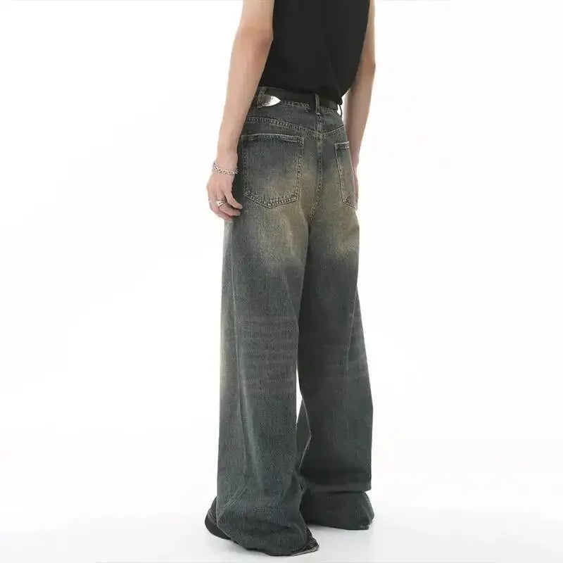 Jean Droit Décontracté Homme en Denim Coton Taille Mi-Haute Jambes Larges