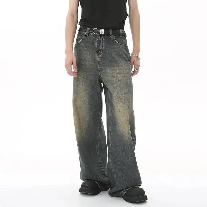 Jean Droit Décontracté Homme en Denim Coton Taille Mi-Haute Jambes Larges