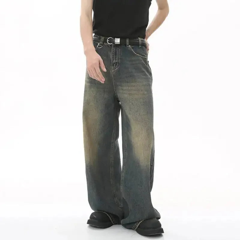 Jean Droit Décontracté Homme en Denim Coton Taille Mi-Haute Jambes Larges