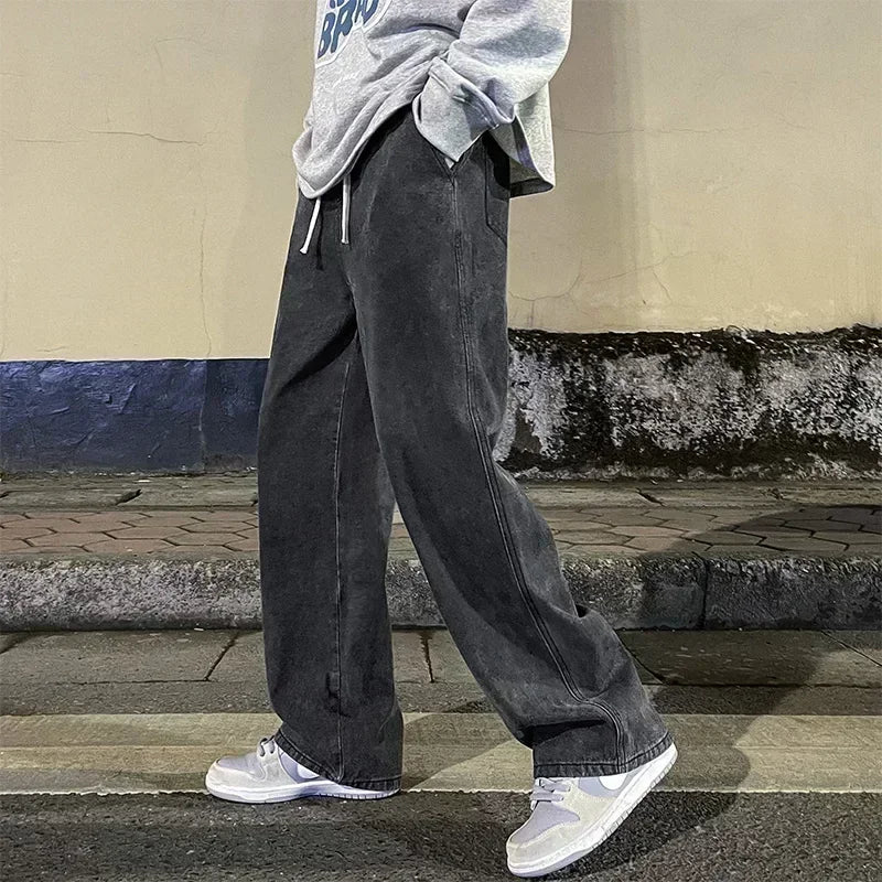 Pantalon Jean Jambe Large Streetwear Homme Coton Mélangé