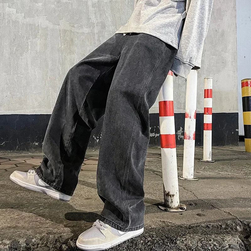 Pantalon Jean Jambe Large Streetwear Homme Coton Mélangé