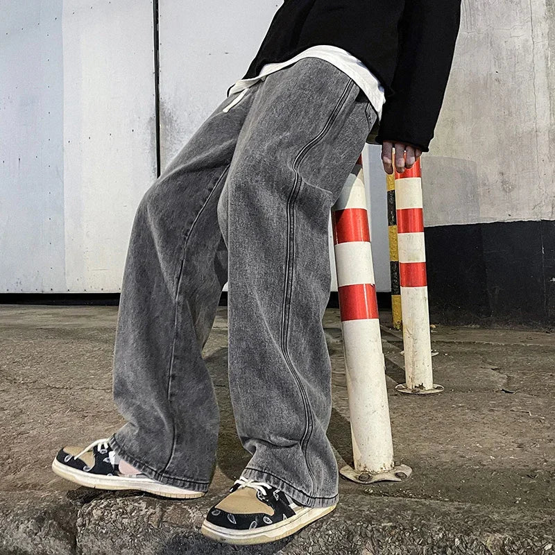 Pantalon Jean Jambe Large Streetwear Homme Coton Mélangé