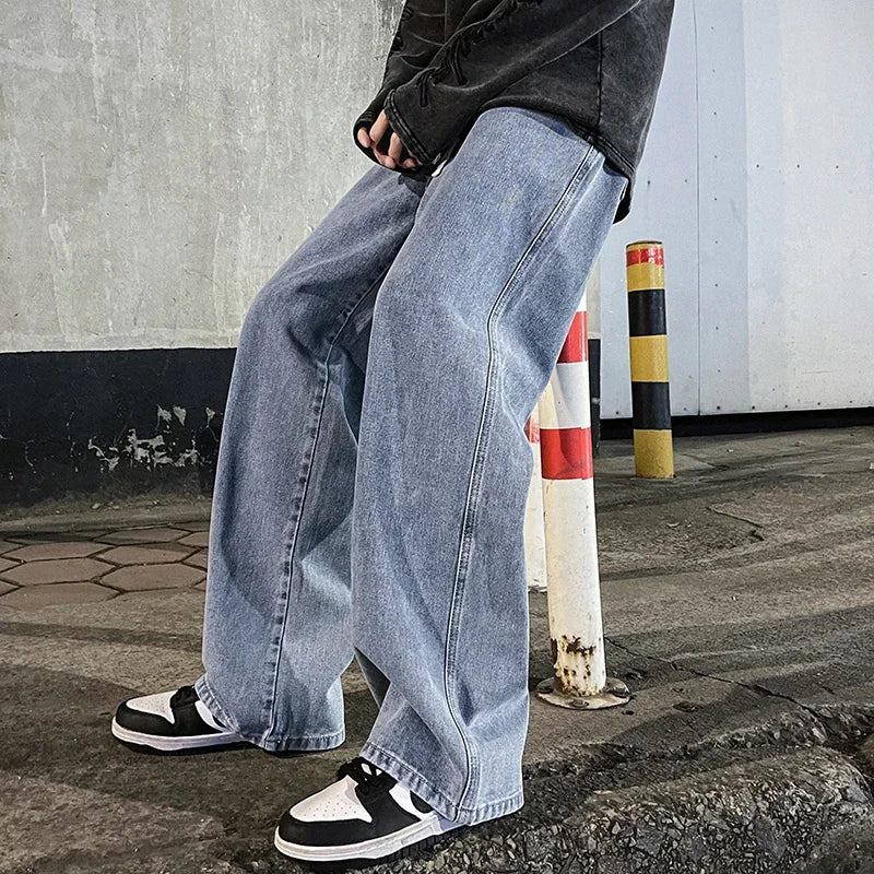 Pantalon Jean Jambe Large Streetwear Homme Coton Mélangé