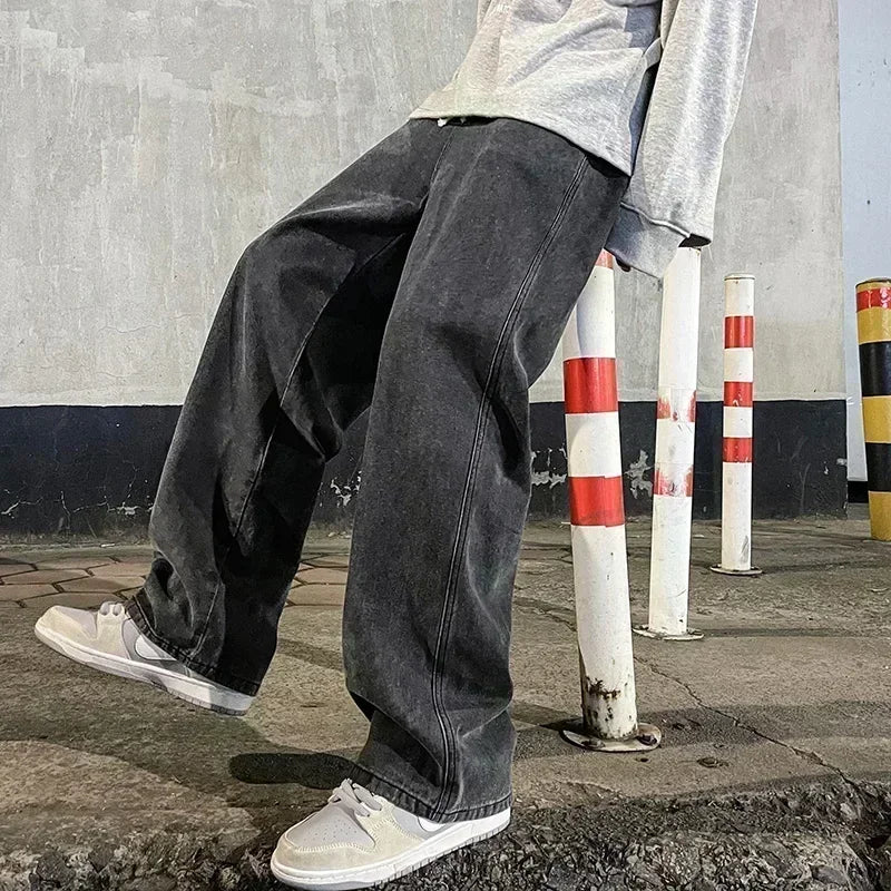 Pantalon Jean Jambe Large Streetwear Homme Coton Mélangé