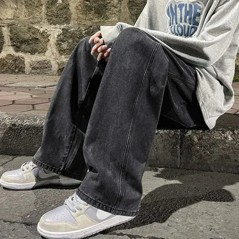 Pantalon Jean Jambe Large Streetwear Homme Coton Mélangé