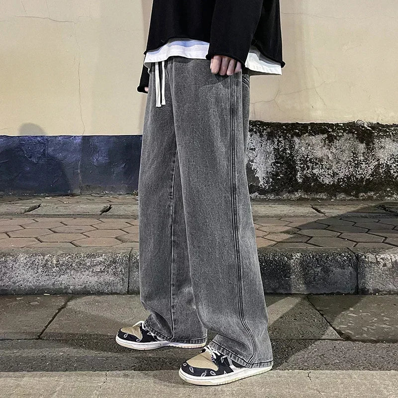 Pantalon Jean Jambe Large Streetwear Homme Coton Mélangé