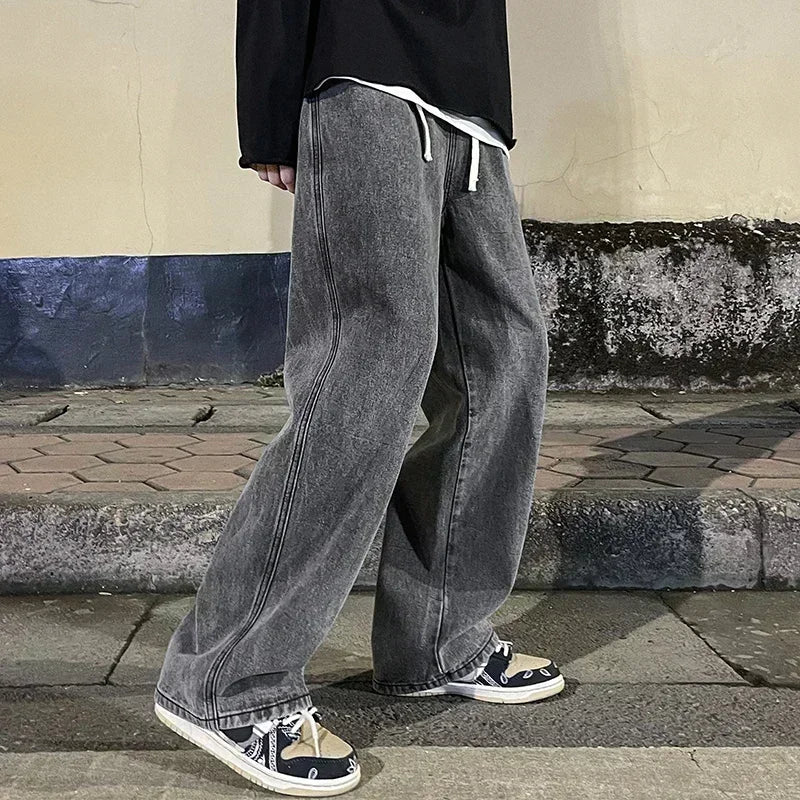 Pantalon Jean Jambe Large Streetwear Homme Coton Mélangé