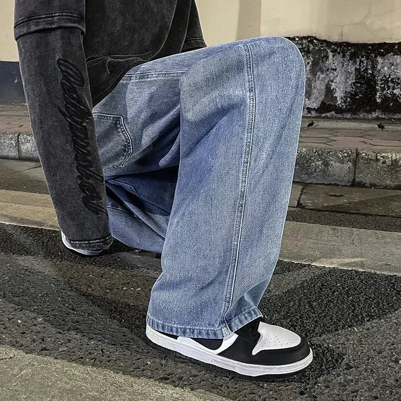 Pantalon Jean Jambe Large Streetwear Homme Coton Mélangé