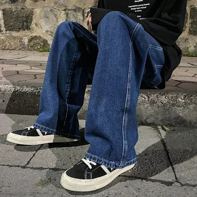 Pantalon Jean Jambe Large Streetwear Homme Coton Mélangé
