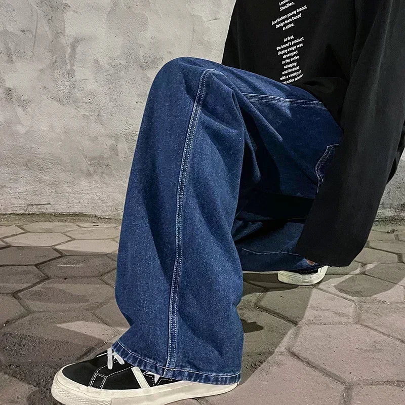 Pantalon Jean Jambe Large Streetwear Homme Coton Mélangé