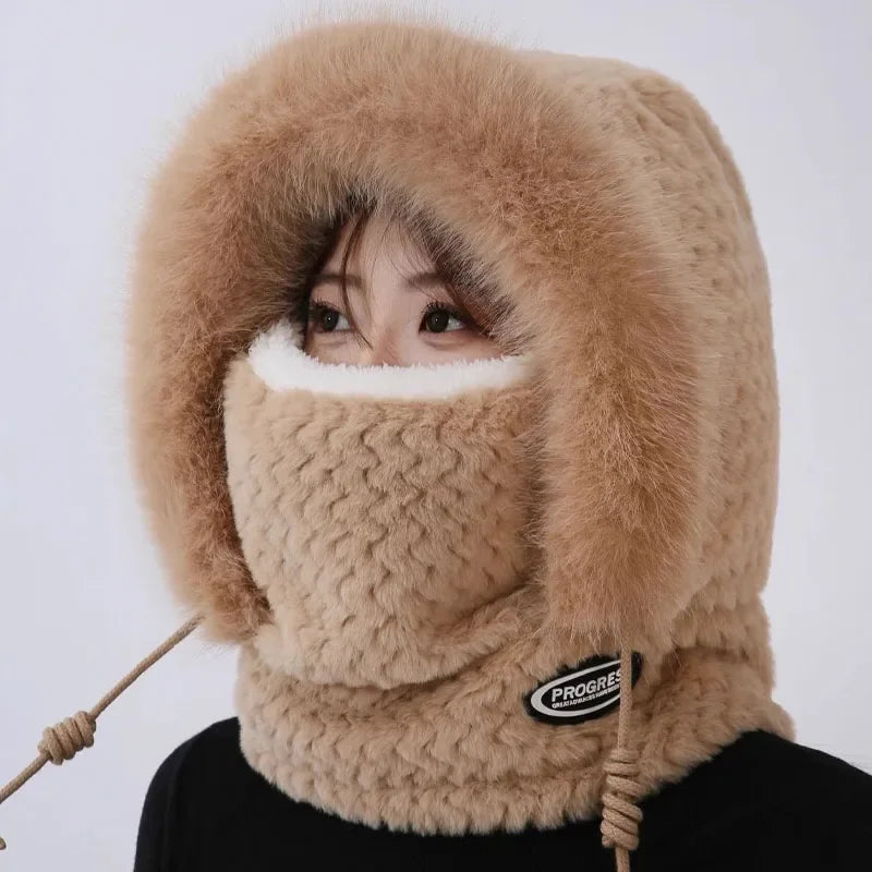 Bonnet Peluche Thermique Avec Écharpe Intégrée et Cache-Cou