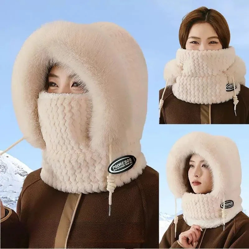 Bonnet Peluche Thermique Avec Écharpe Intégrée et Cache-Cou