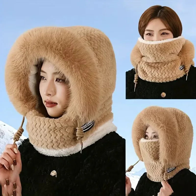 Bonnet Peluche Thermique Avec Écharpe Intégrée et Cache-Cou