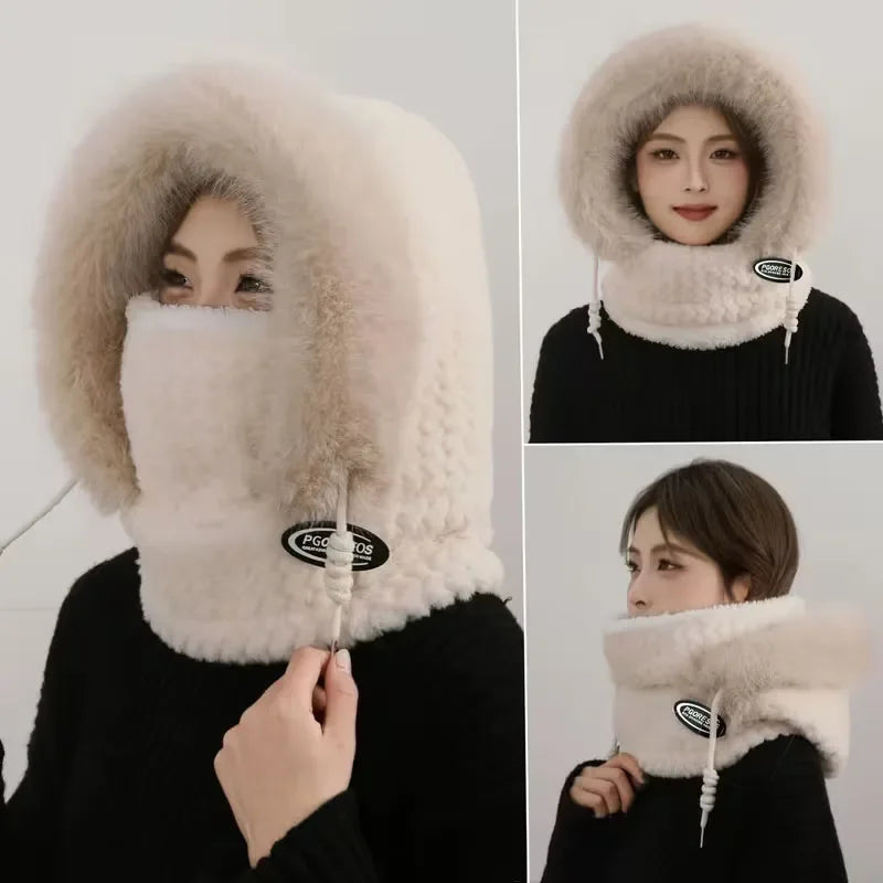 Bonnet Peluche Thermique Avec Écharpe Intégrée et Cache-Cou