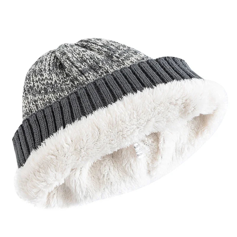 Bonnet Tricot Doublé Fourrure Bicolore Unisexe Chaud Hiver