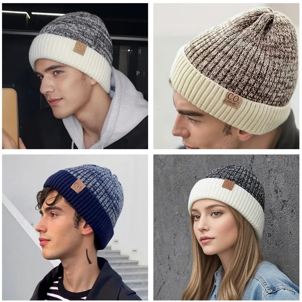 Bonnet Tricot Doublé Fourrure Bicolore Unisexe Chaud Hiver