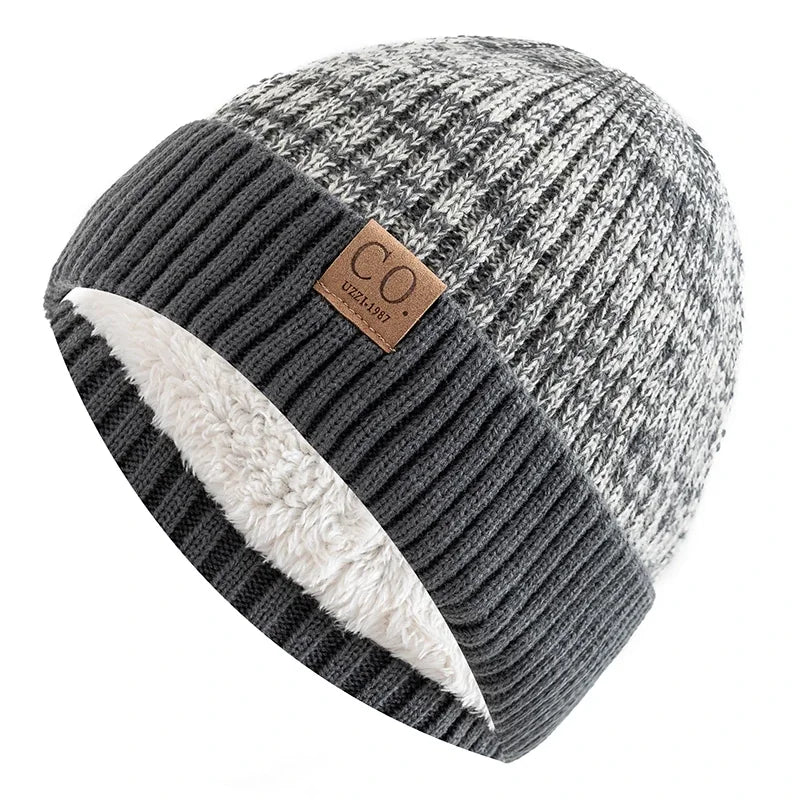 Bonnet Tricot Doublé Fourrure Bicolore Unisexe Chaud Hiver
