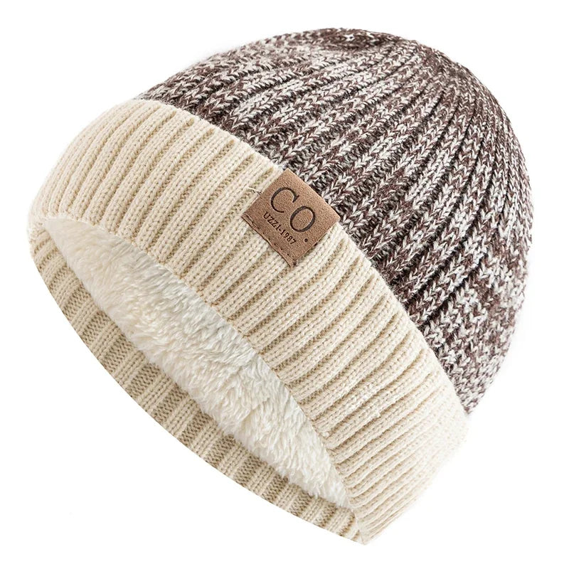 Bonnet Tricot Doublé Fourrure Bicolore Unisexe Chaud Hiver