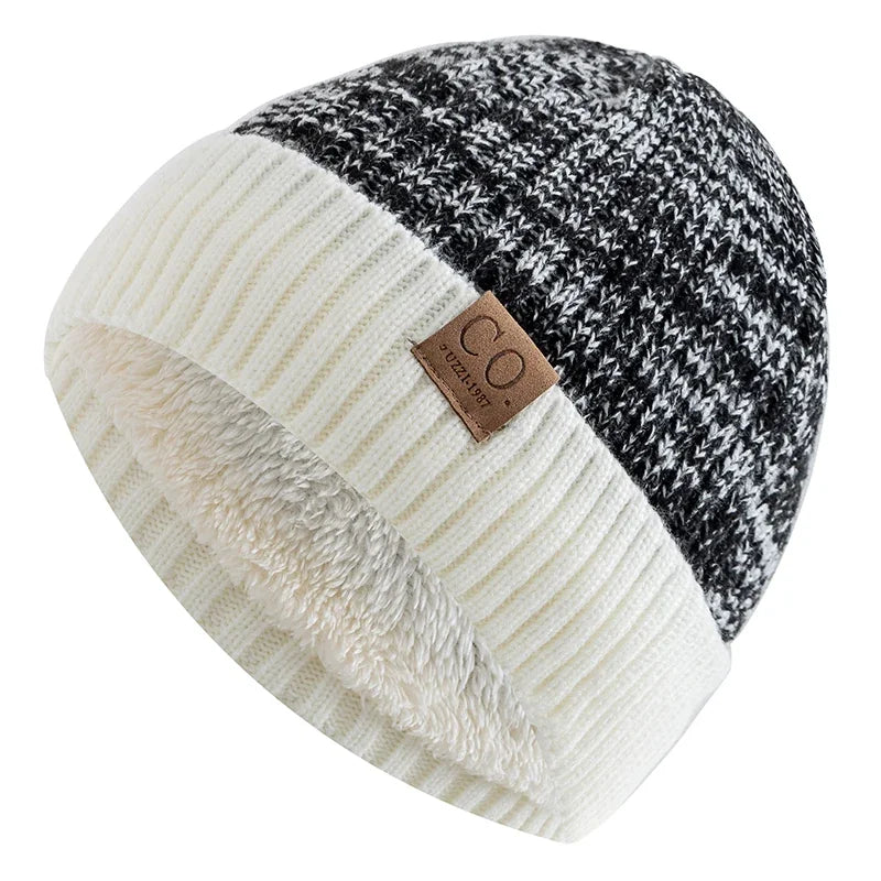 Bonnet Tricot Doublé Fourrure Bicolore Unisexe Chaud Hiver