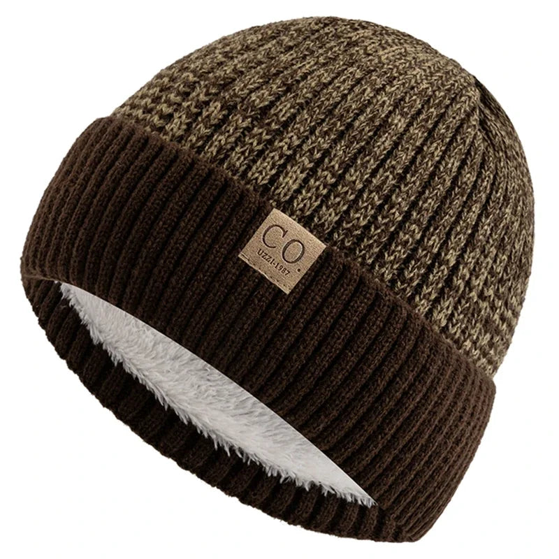 Bonnet Tricot Doublé Fourrure Bicolore Unisexe Chaud Hiver