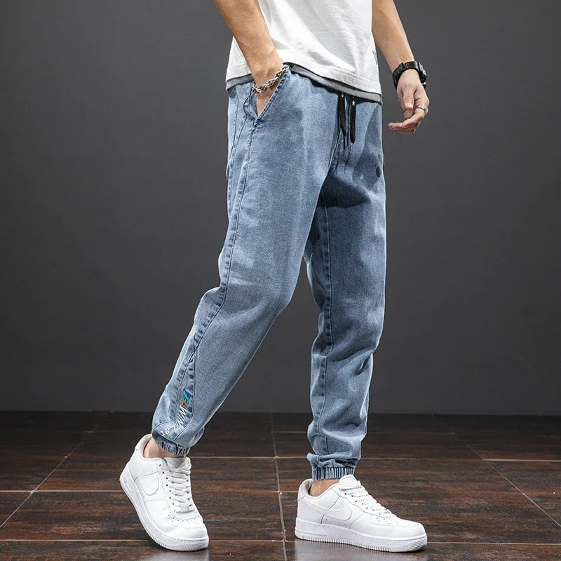 Jean Cargo Baggy Homme Taille Élastique Pantalon Sarouel Denim