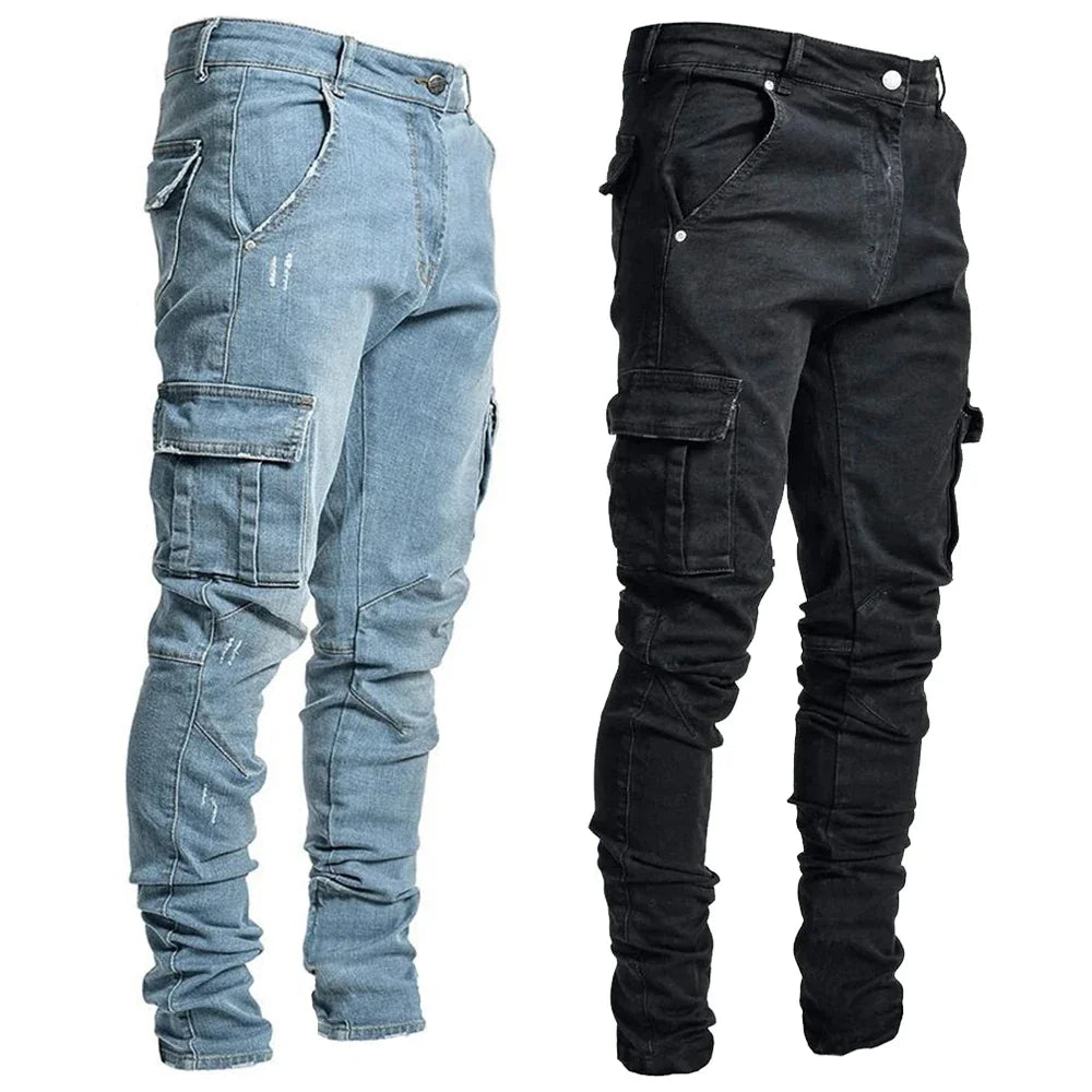 Jean Cargo Slim en Denim Élastique Taille Moyenne