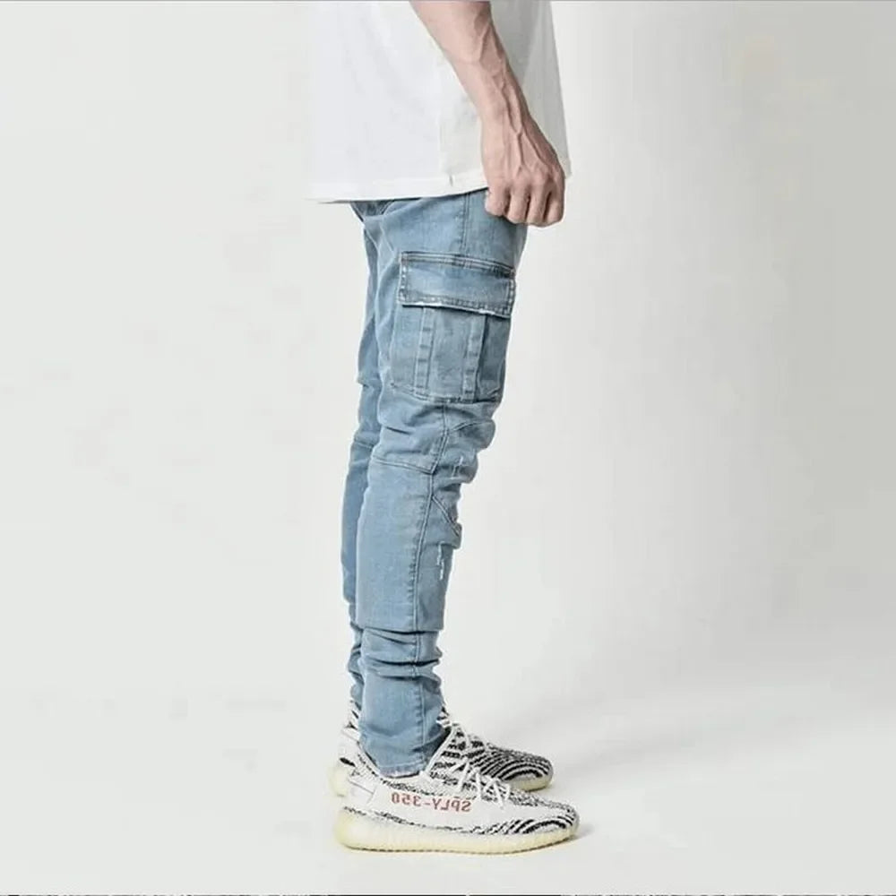 Jean Cargo Slim en Denim Élastique Taille Moyenne
