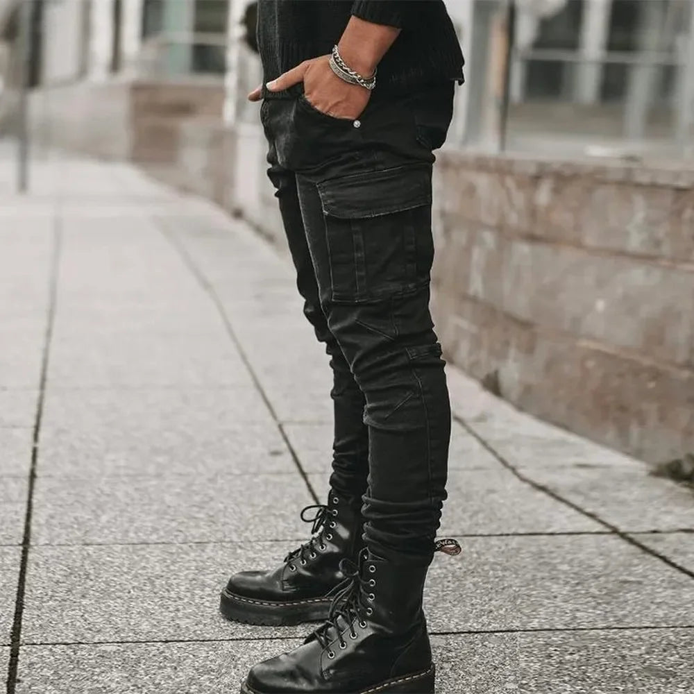 Jean Cargo Slim en Denim Élastique Taille Moyenne
