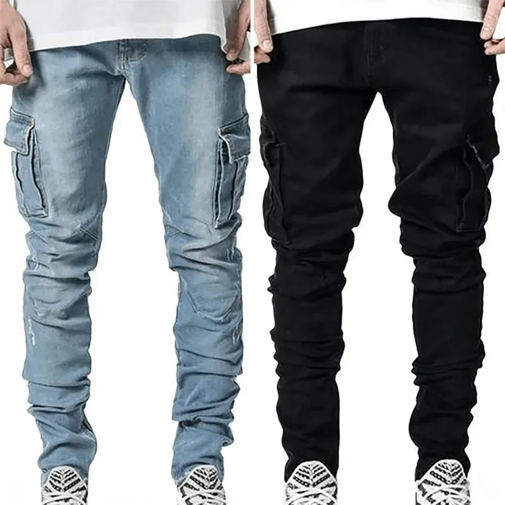 Jean Cargo Slim en Denim Élastique Taille Moyenne