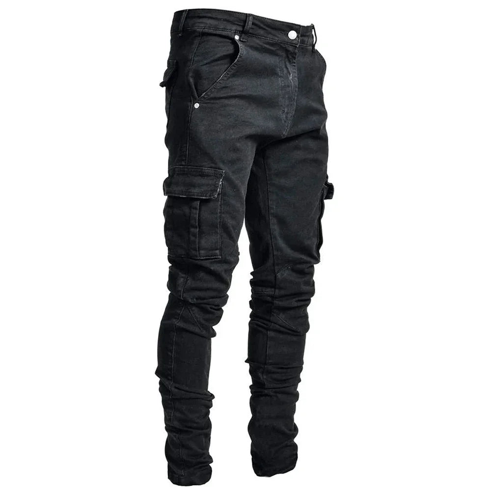 Jean Cargo Slim en Denim Élastique Taille Moyenne