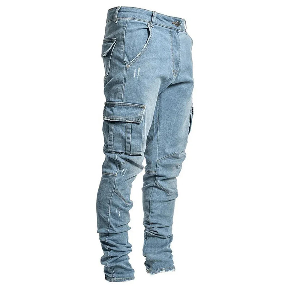 Jean Cargo Slim en Denim Élastique Taille Moyenne