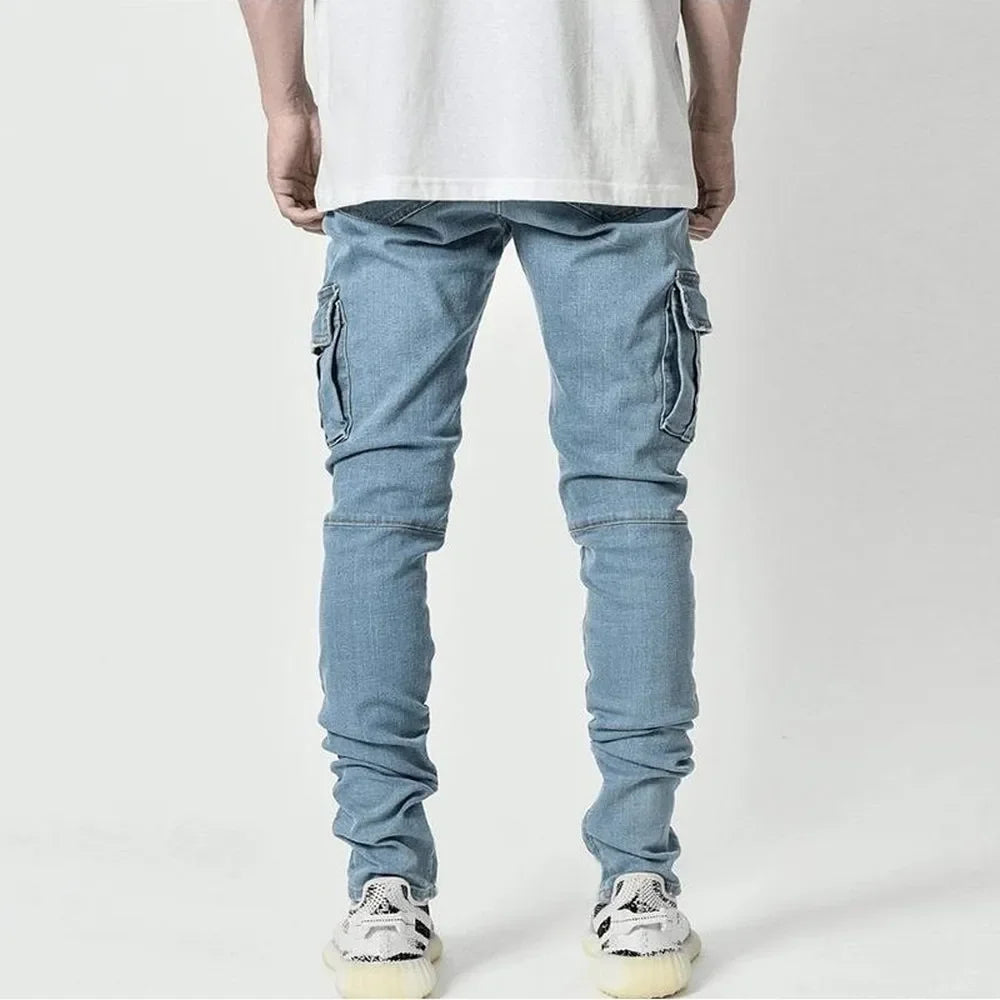 Jean Cargo Slim en Denim Élastique Taille Moyenne