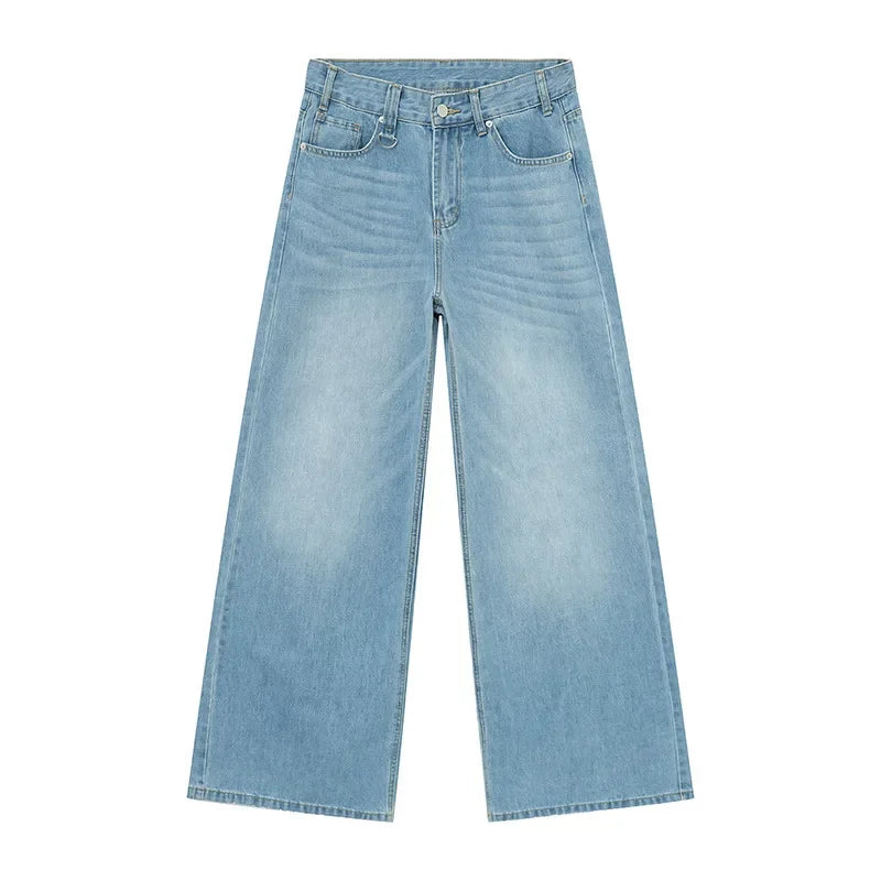 Jean Droit Décontracté Homme en Denim Coton Taille Mi-Haute Jambes Larges