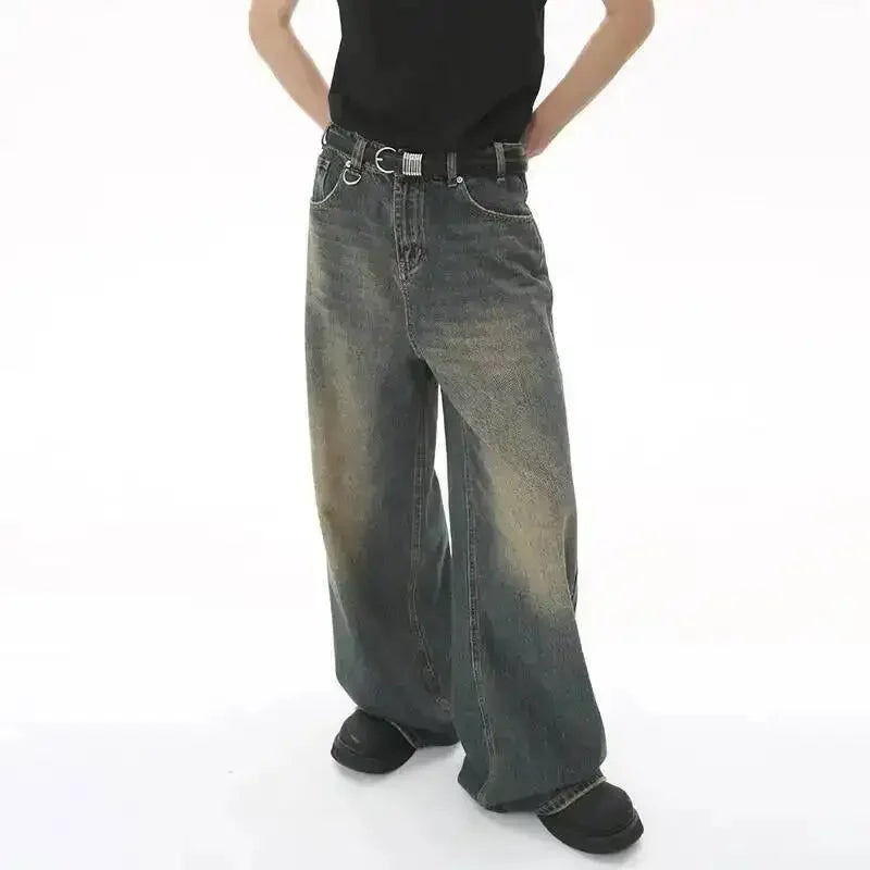 Jean Droit Décontracté Homme en Denim Coton Taille Mi-Haute Jambes Larges