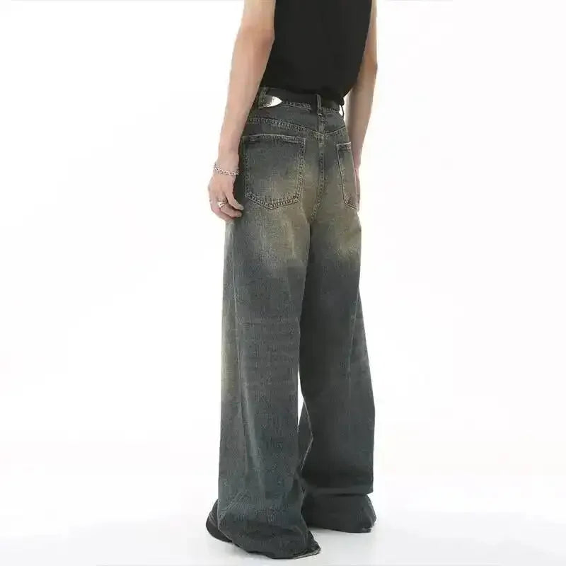 Jean Droit Décontracté Homme en Denim Coton Taille Mi-Haute Jambes Larges
